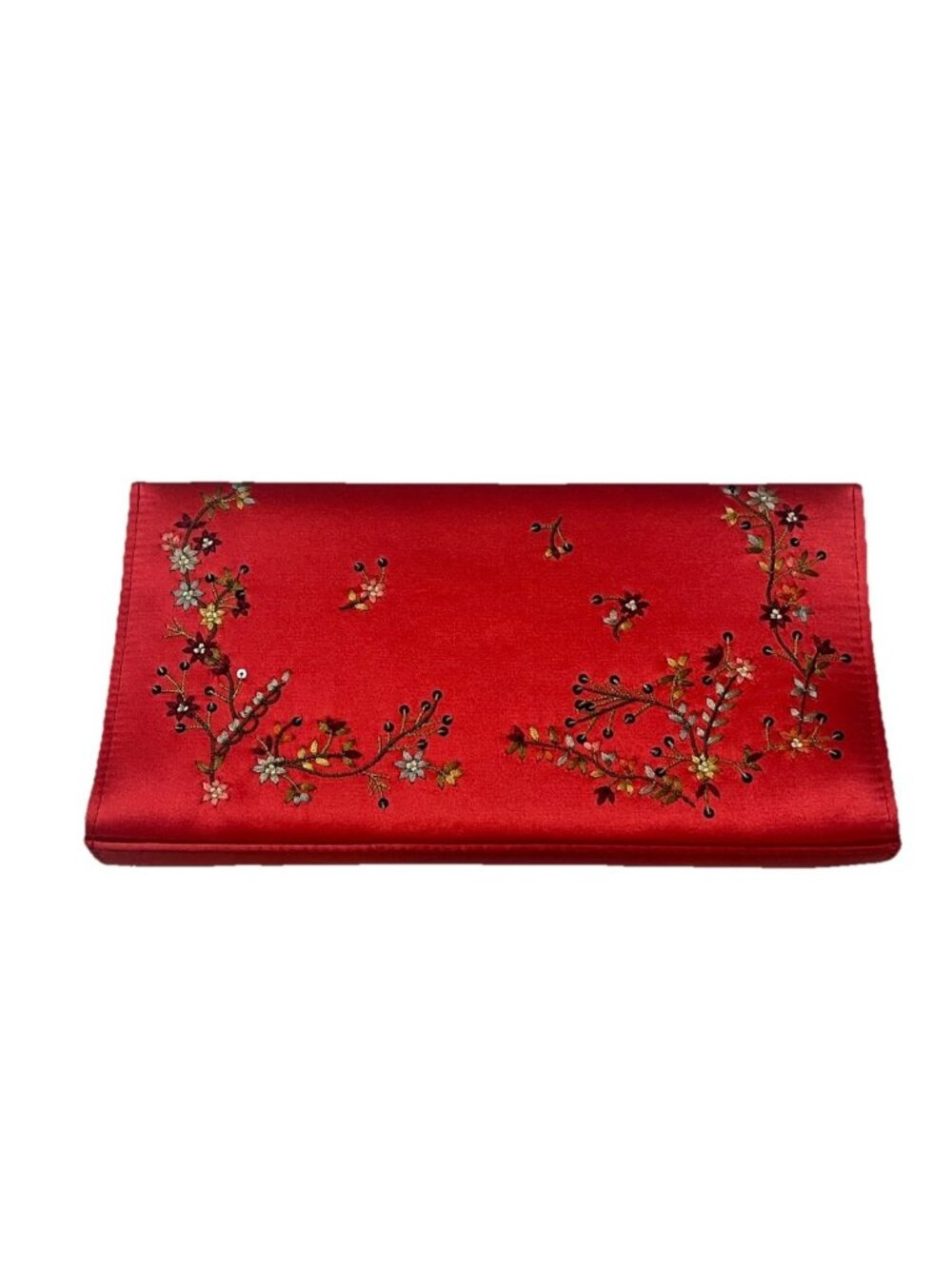 Lord & Taylor Red Satin Embroidered Floral Evening Clutch Purse Shoulder Bag Vtg